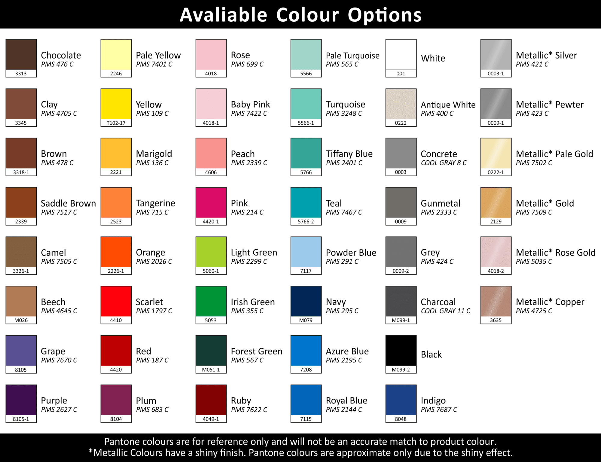 A colour chart displaying various options for the 
