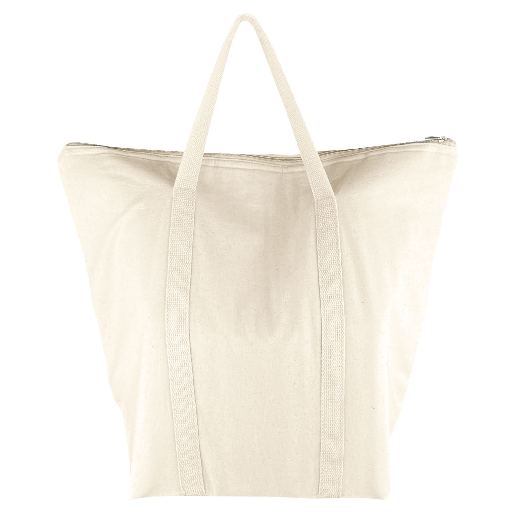 A cotton cooler bag in a light cream colour with two sturdy handles and a zip closure. It features a logo.