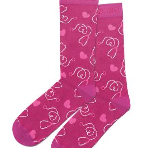Unisex pink socks featuring a whimsical design of hearts and swirls, with a logo on the cuff.