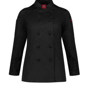 A black long sleeve chef jacket featuring double-breasted buttons and a logo on the sleeve.