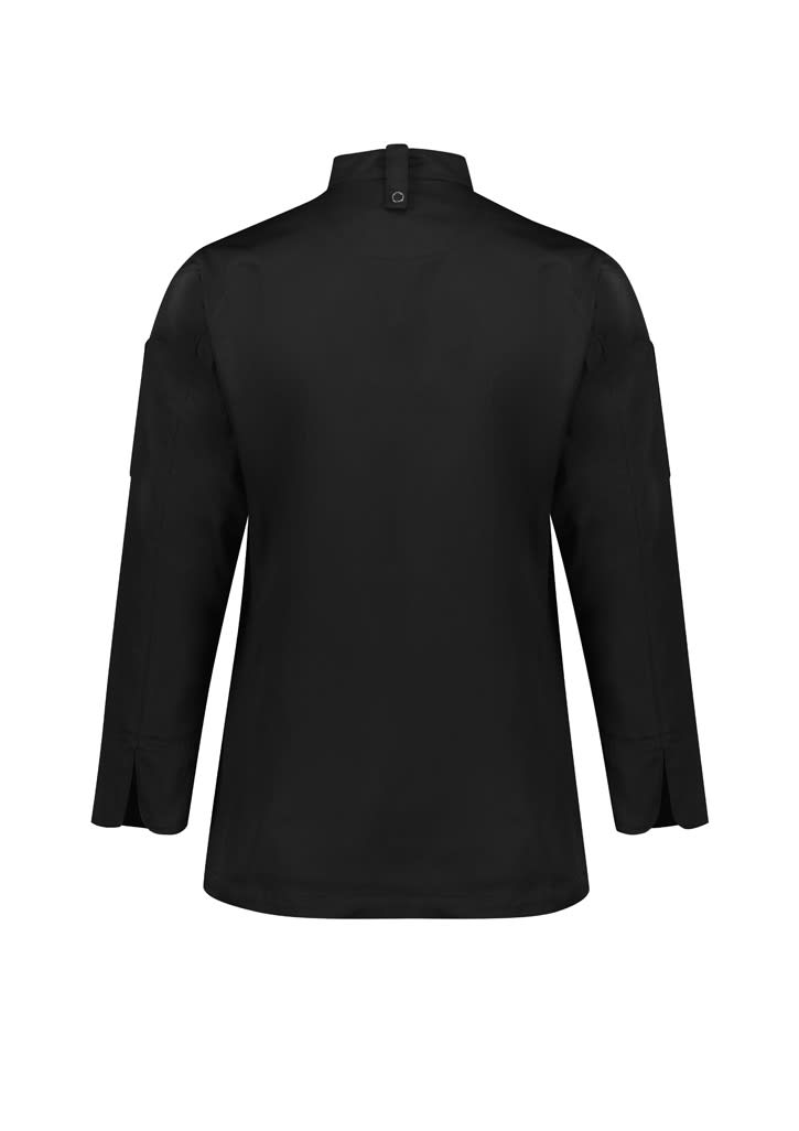 A black long sleeve chef jacket with a high collar and two side slits at the sleeves. It features a logo.