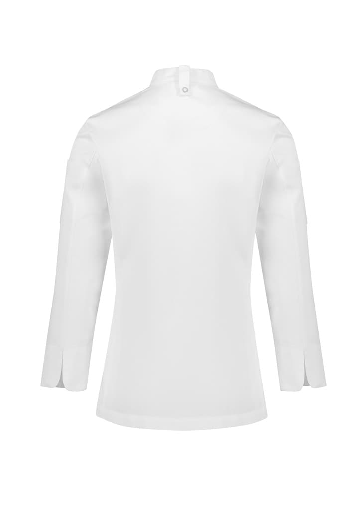 A white long sleeve chef jacket with a high collar and side slits, featuring a logo on the sleeve.