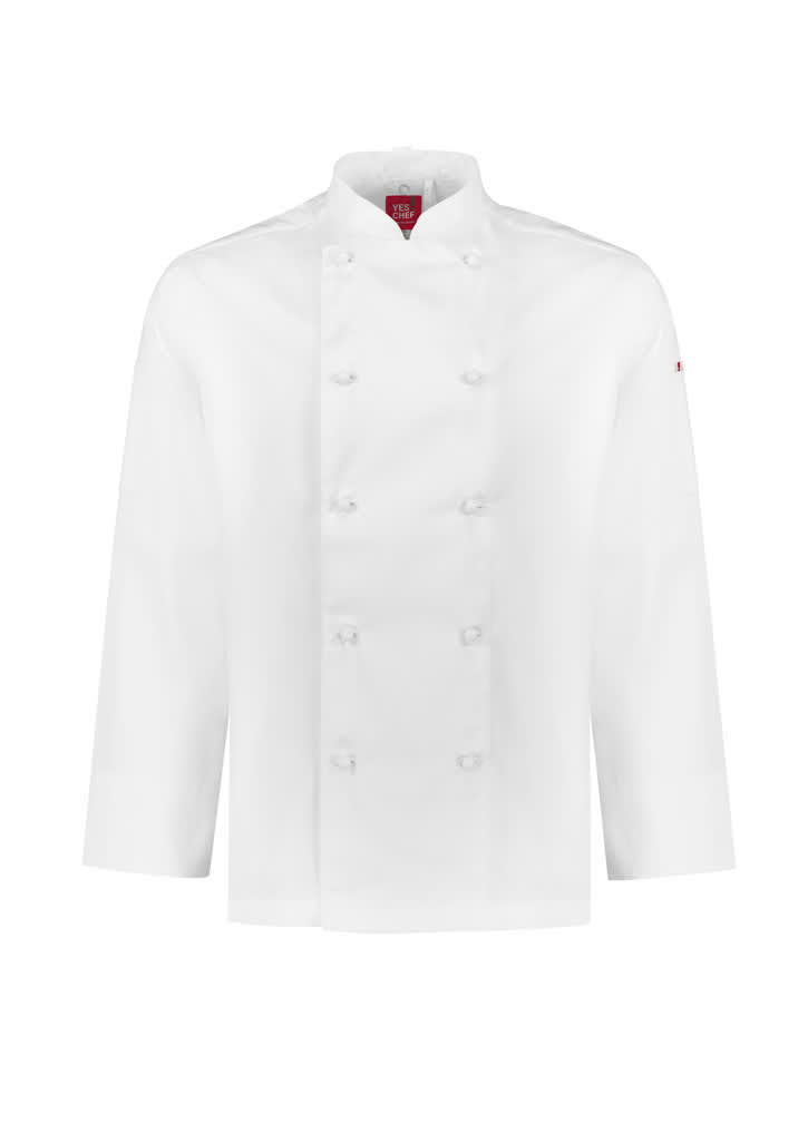 A white long sleeve chef jacket with a double-breasted design and branding on the sleeve.