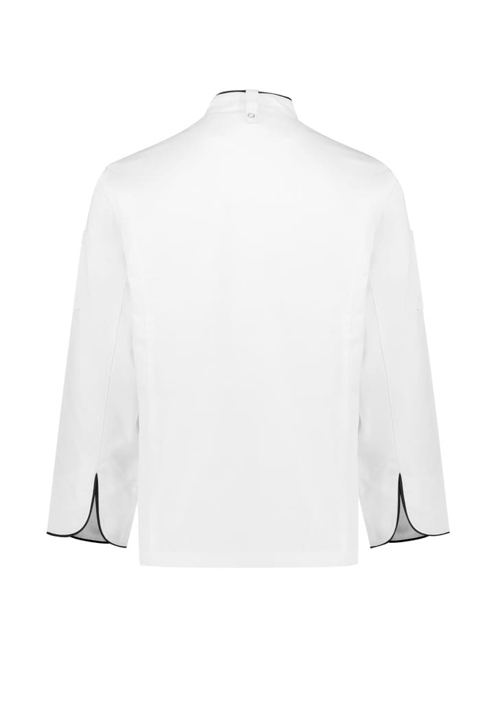 A white long sleeve chef jacket with black detailing, featuring a collar and tailored fit. Includes a logo on the sleeve.