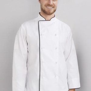 A white long sleeve chef jacket with black trim, worn by a smiling male model. The jacket features a double-breasted design and buttons.