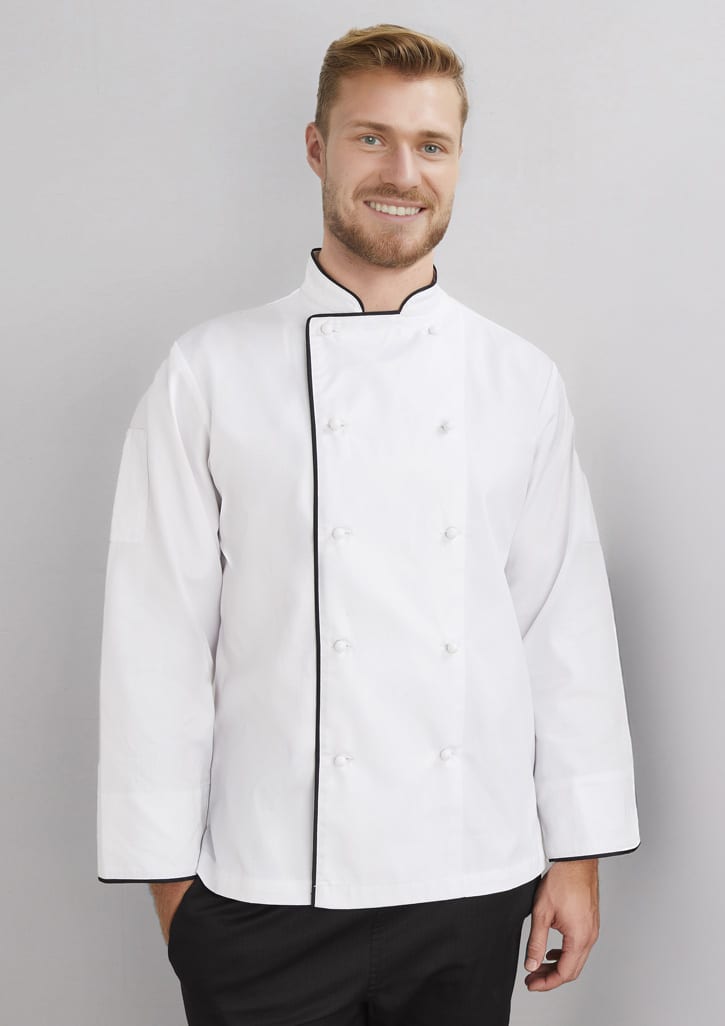 A white long sleeve chef jacket with black trim, worn by a smiling male model. The jacket features a double-breasted design and buttons.
