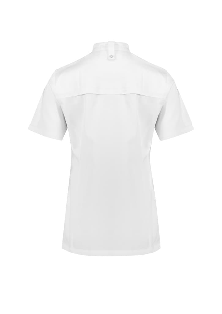 A white short sleeve jacket features a stand collar and a button closure, designed for women in chefwear.