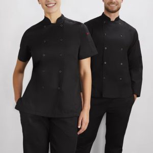 A short sleeve black jacket designed for women, featuring a double-breasted style and accompanied by matching black pants.