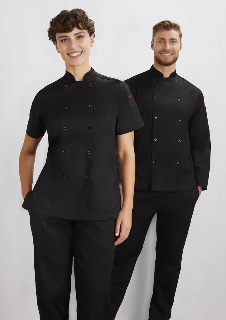 A short sleeve black jacket designed for women, featuring a double-breasted style and accompanied by matching black pants.