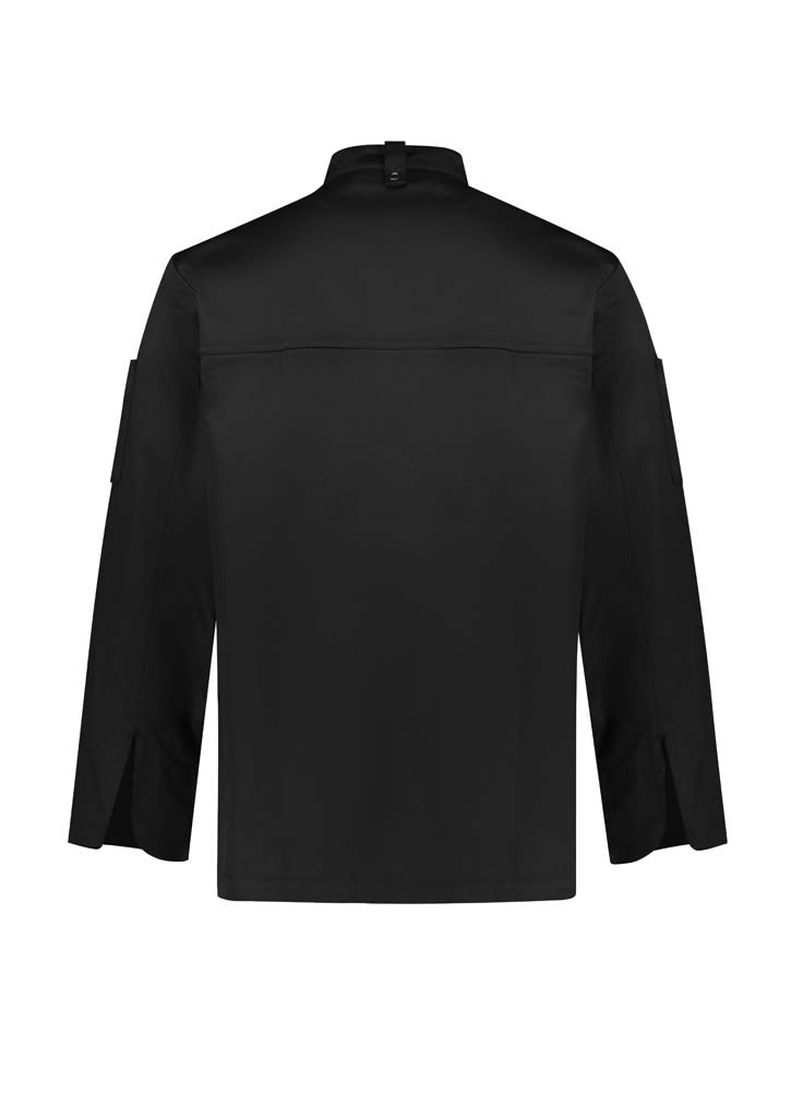 A black long sleeve jacket with a high collar and side vents, featuring a logo on the sleeve.