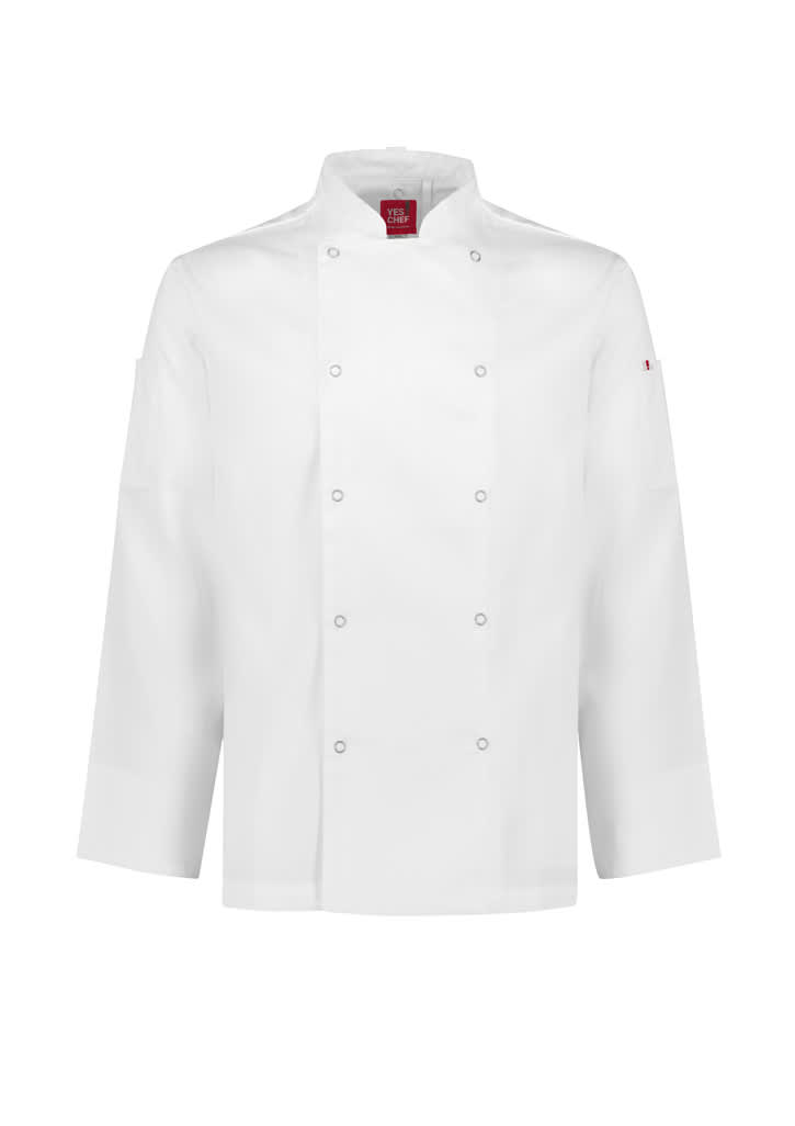 A white long sleeve jacket with a high collar and double-breasted front, featuring a logo on the sleeve.