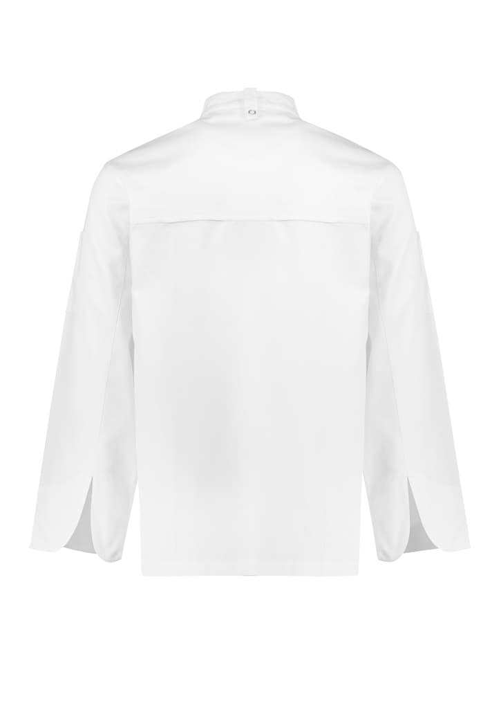 A white long sleeve jacket with a high collar and side slits, featuring a logo on the back.
