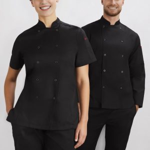 A black long sleeve chef jacket is displayed on a man and a woman, both posed in a uniform setting.