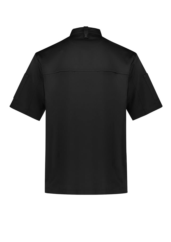 A black short sleeve chef jacket featuring a back yoke and pockets, with a logo on the sleeve.