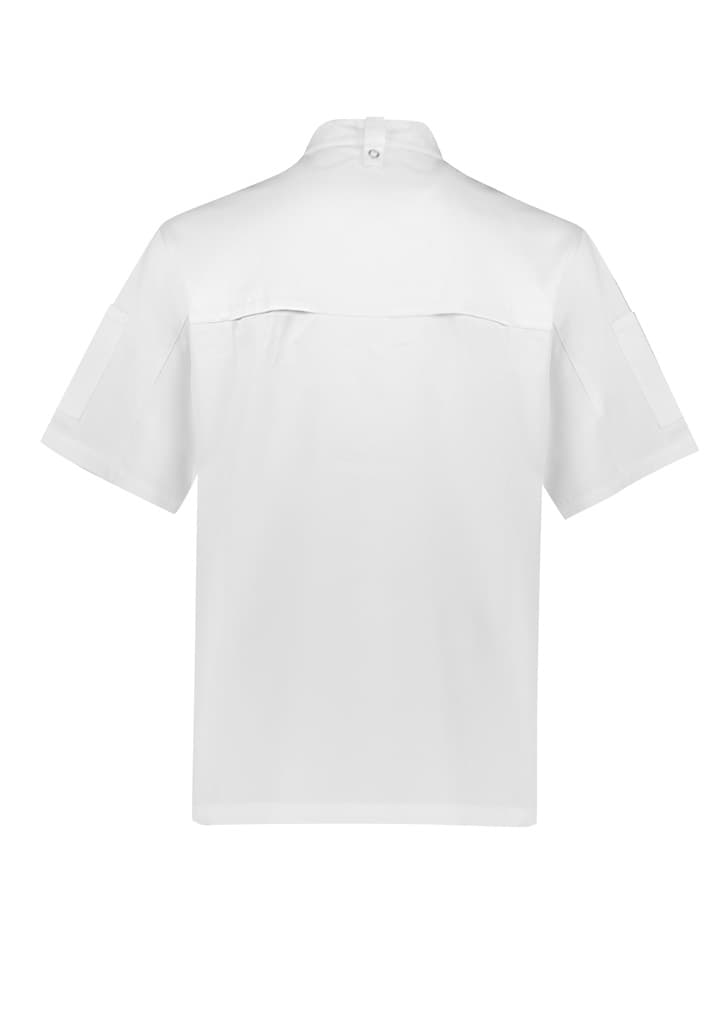 A short sleeve chef jacket in white, featuring a back view with a collar and side pockets. It has a logo.