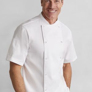 A white short sleeve chef jacket for men, featuring a double-breasted design and a logo on the left side.