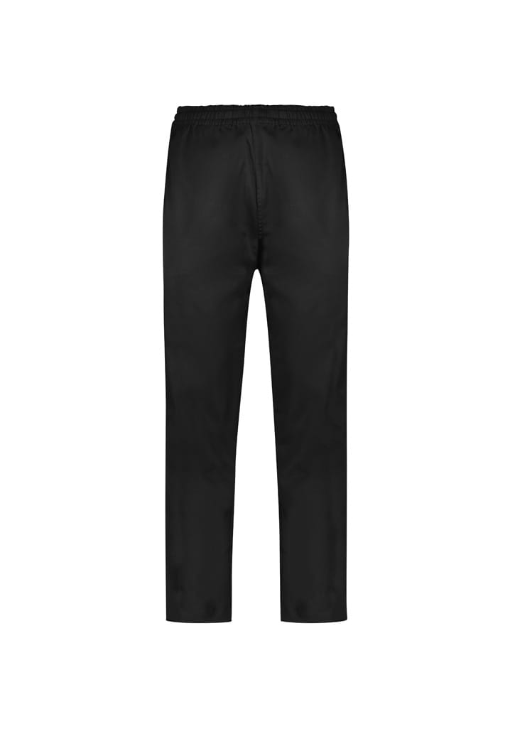 A pair of black track pants with an elastic waistband and a simple design, featuring a logo.