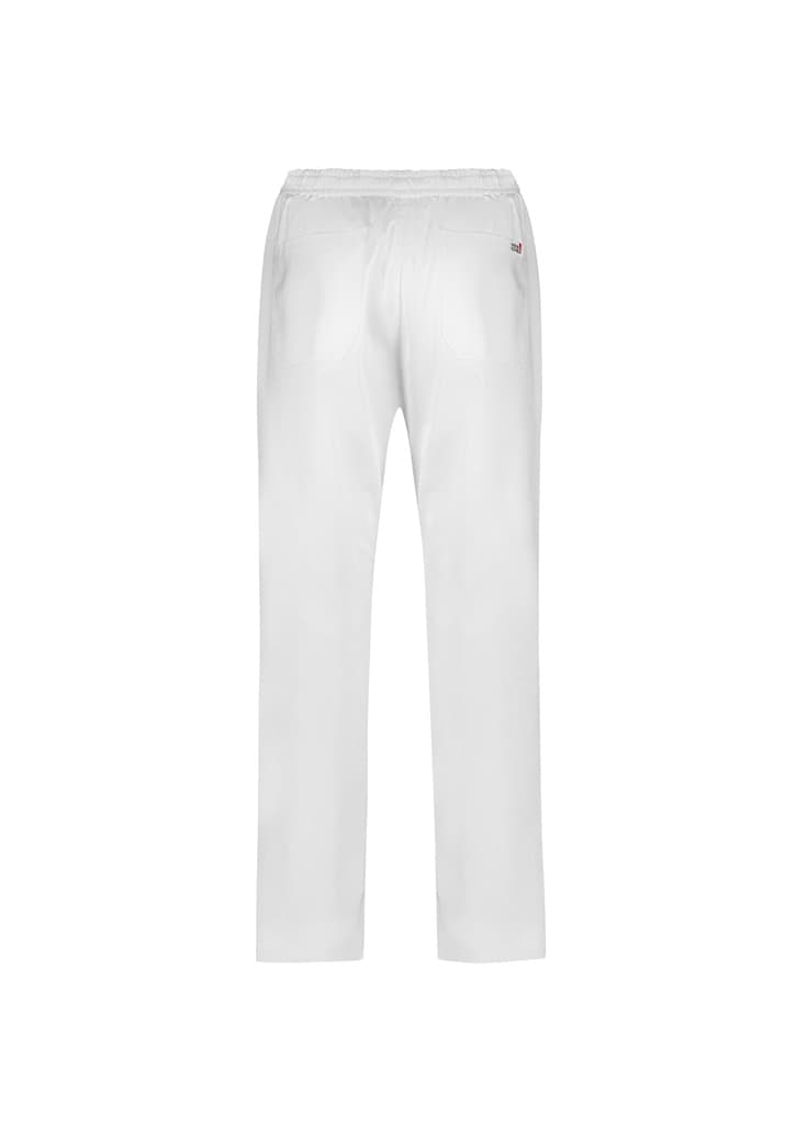 A pair of white track pants with an elastic waistband and minimal branding on the back.