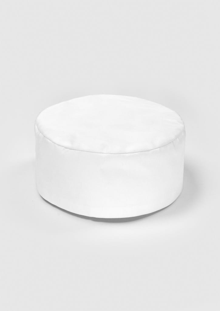 A round white chef cap with a smooth surface, suitable for kitchen uniforms. It features a logo on the side.