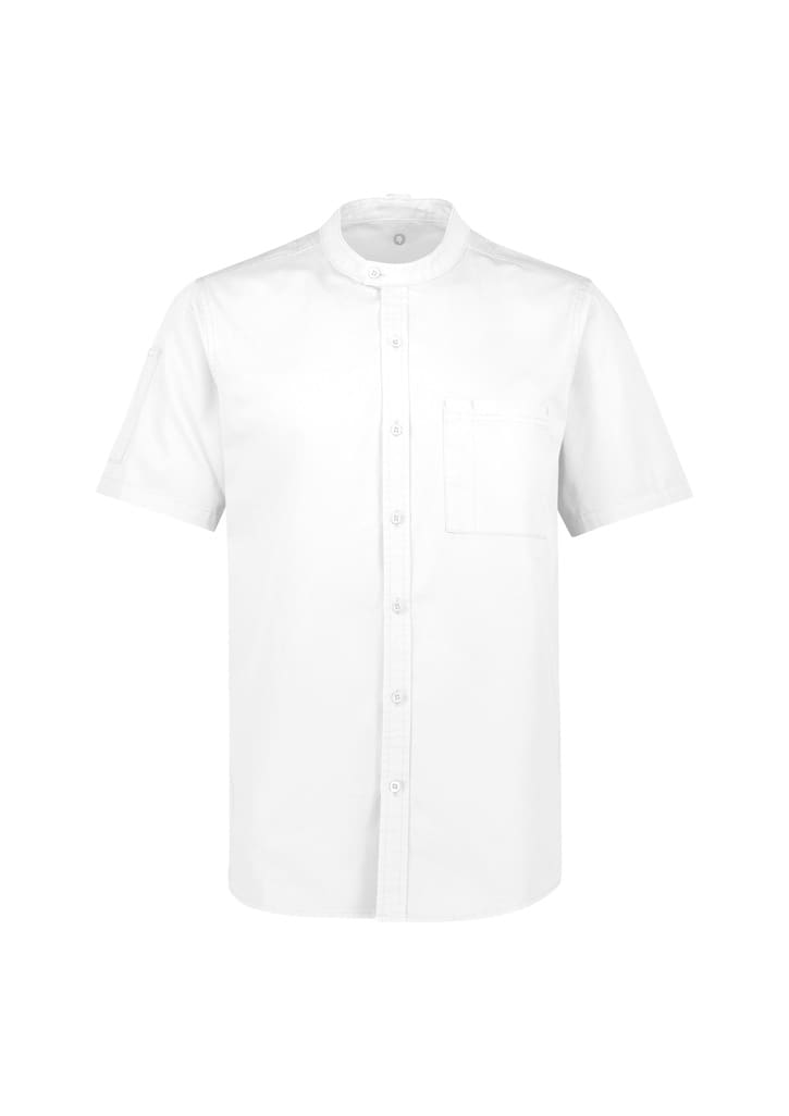 A short sleeve chef shirt in white with a button-up front and a chest pocket, featuring a logo.