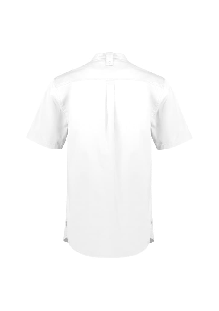 A white short sleeve chef shirt with a back pleat and side vents, featuring a logo.