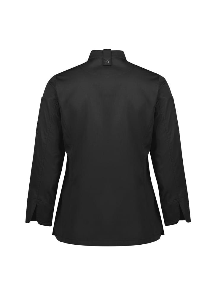 A black women's long sleeve chef jacket with a collar and button closure at the back, featuring a logo.