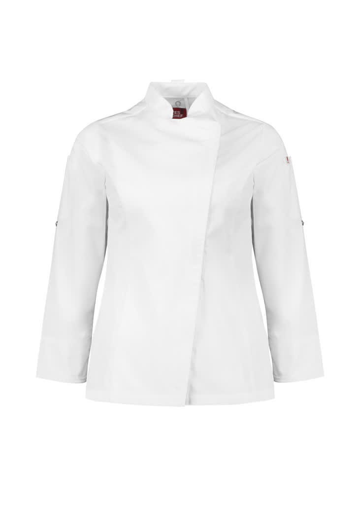 A white long sleeve chef jacket featuring a sleek design and a logo on the sleeve.