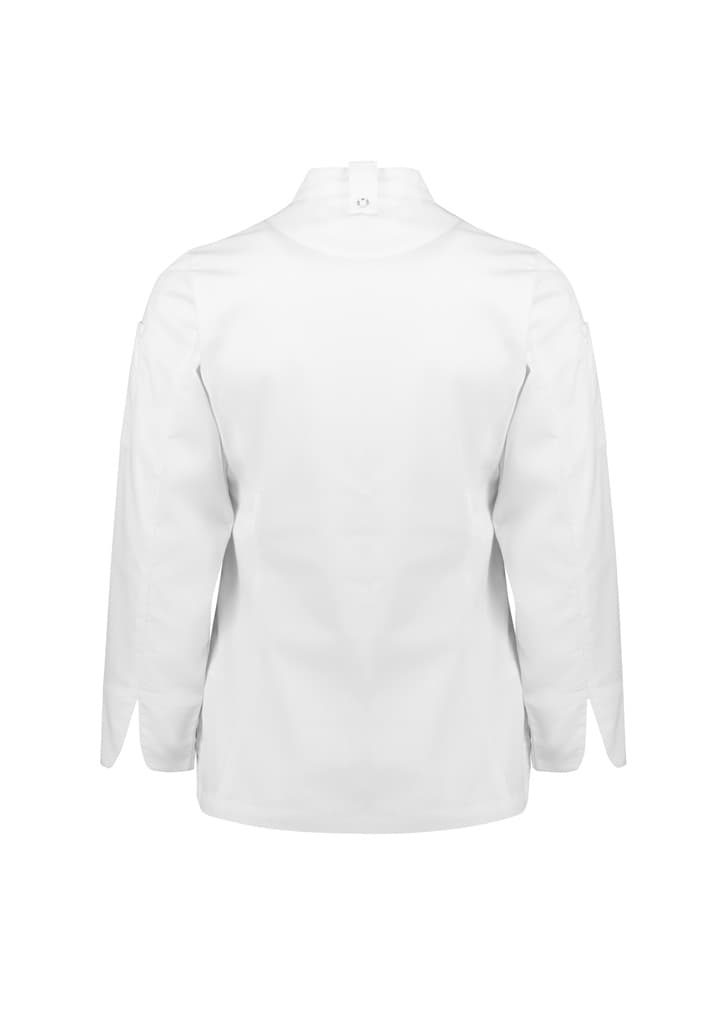 A white long sleeve chef jacket with a collar and no visible branding.