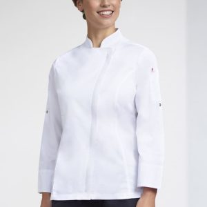 A white long sleeve chef jacket for women, featuring a sleek design and a small logo on one sleeve.