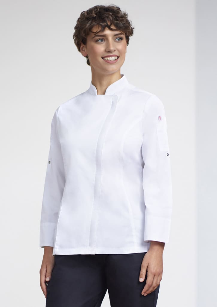 A white long sleeve chef jacket for women, featuring a sleek design and a small logo on one sleeve.