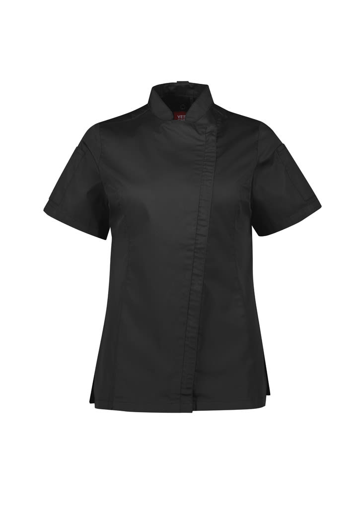 A black short sleeve chef jacket featuring a mandarin collar and a logo on the chest.