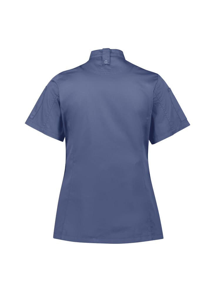A women's short sleeve chef jacket in navy blue, featuring a collar and a back design. It has a logo on the sleeve.
