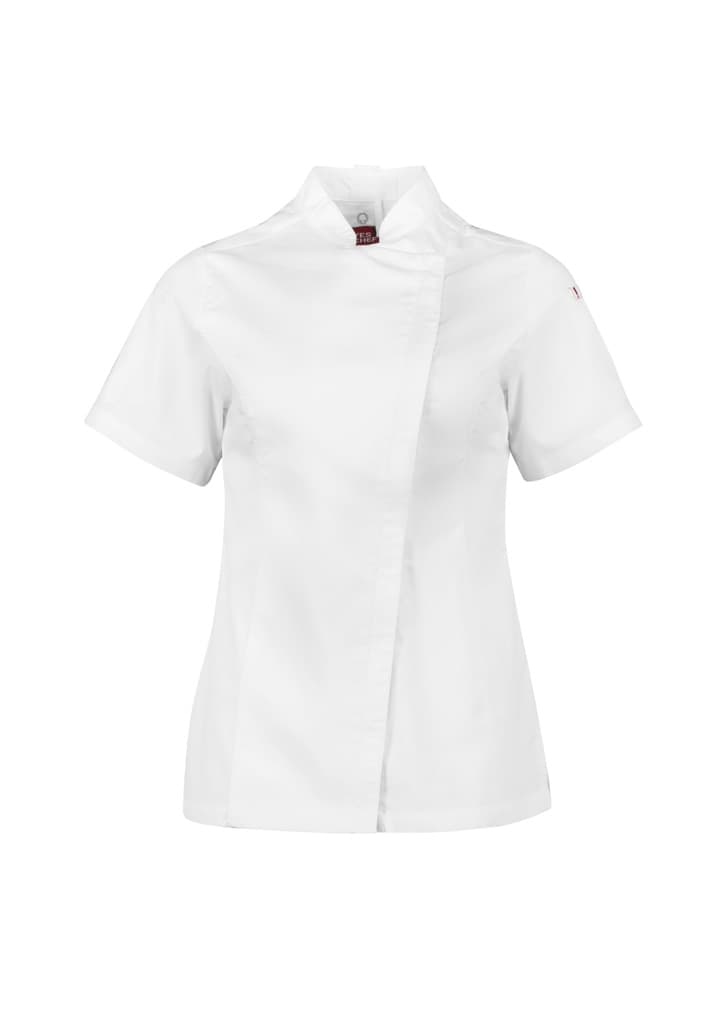 A white women's short sleeve chef jacket with a stylish design and a logo on the sleeve.