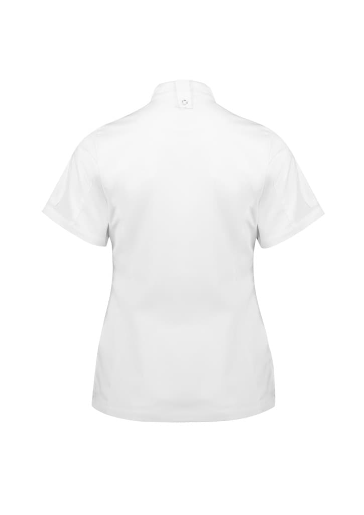 A white short sleeve chef jacket with a collar and a back closure, featuring a logo.