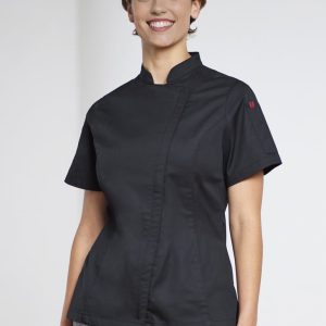 A black short sleeve chef jacket for women, featuring a sleek design and a branding logo on the sleeve.