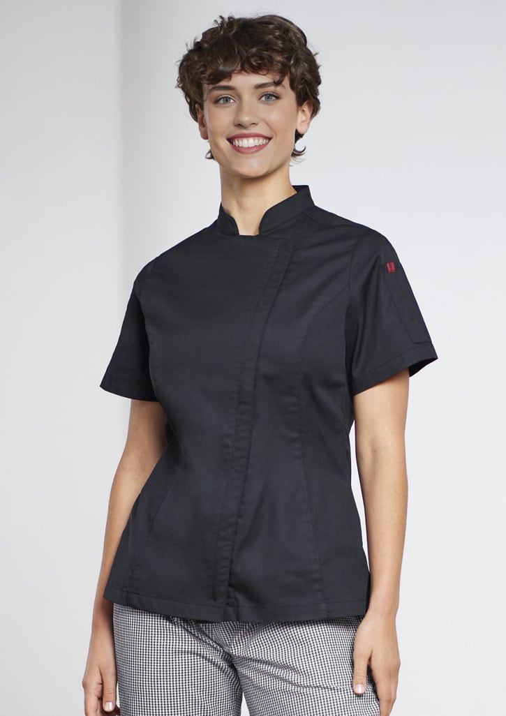A black short sleeve chef jacket for women, featuring a sleek design and a branding logo on the sleeve.
