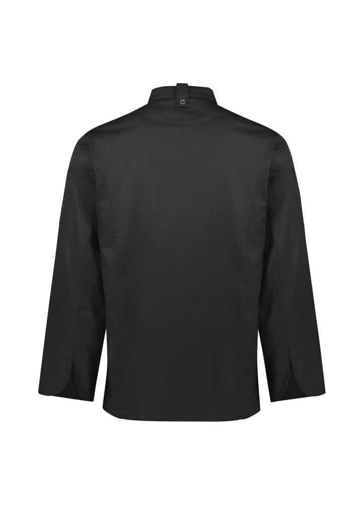 A black long sleeve chef jacket featuring a high collar and back vents. Includes a branding logo.