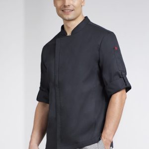 A long sleeve chef jacket in black, featuring a sleek design and rolled-up sleeves, with a logo on the arm.