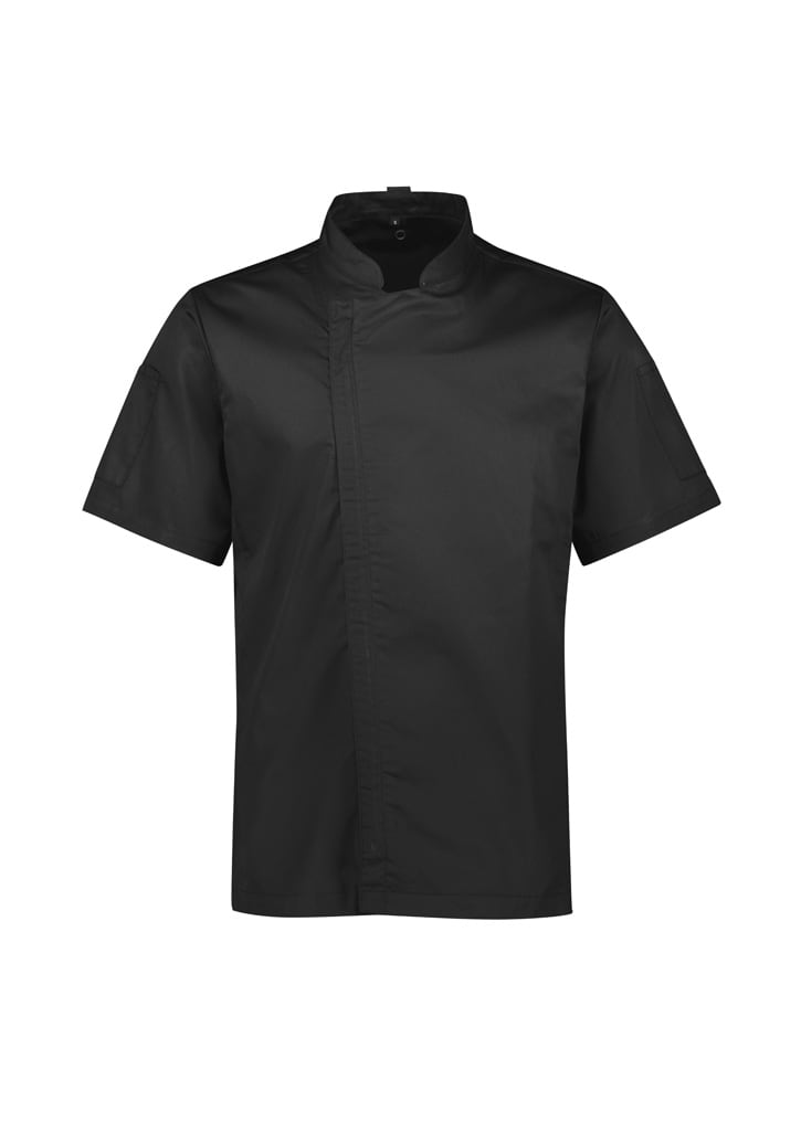 A black short sleeve chef jacket featuring a mandarin collar and a single logo on the sleeve.