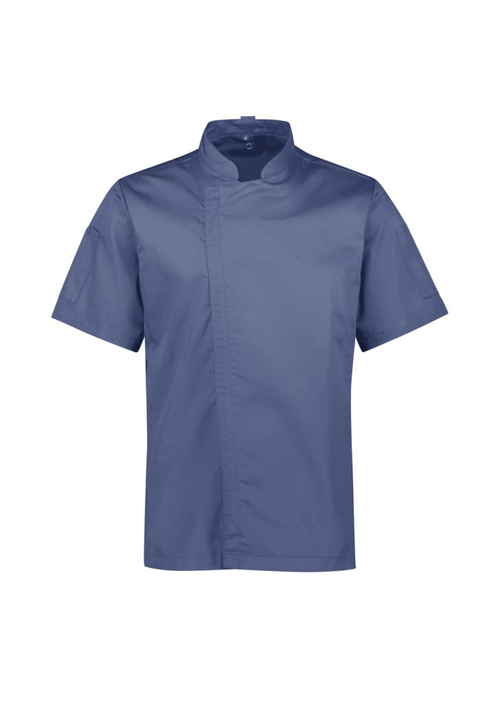 A short sleeve chef jacket in navy blue with a sleek design and a plain finish. It features a logo detail.