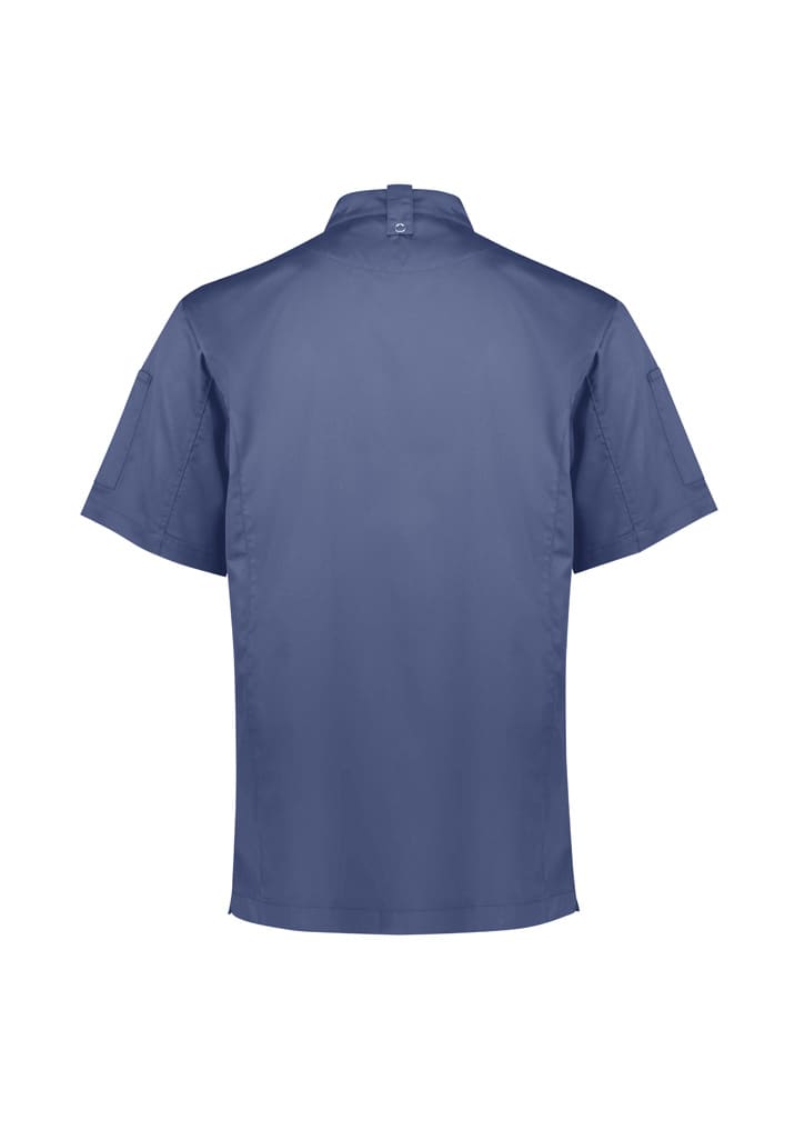 A navy short sleeve chef jacket featuring a collar and sleeves, with a logo on the left side.