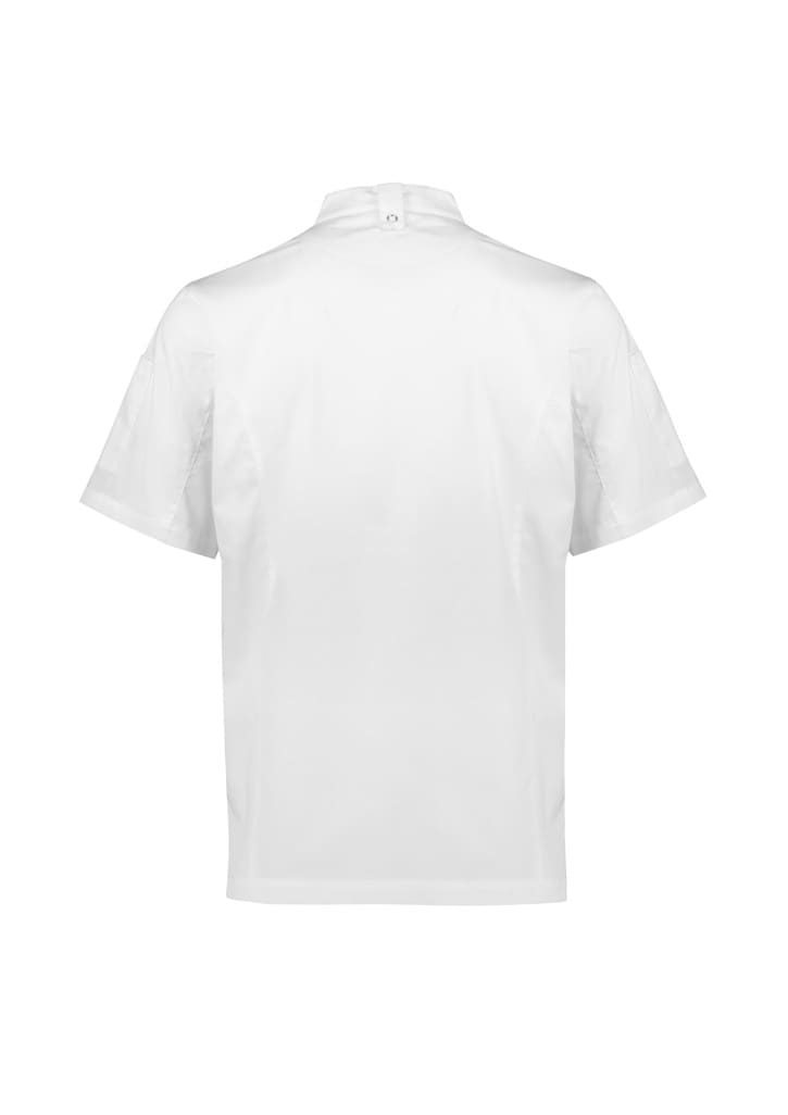 A white short sleeve chef jacket featuring a simple design and a back button closure, with a logo present.