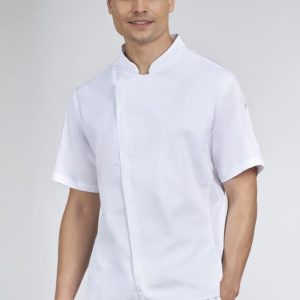 A short sleeve chef jacket in white, featuring a stand-up collar and a fitted design. The model stands against a neutral background.