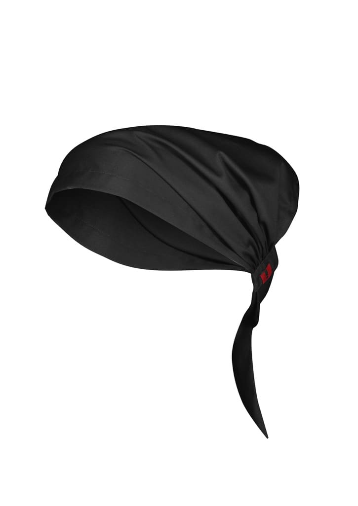 A black chef bandana with a tie at the back and a logo on one side, designed for chefwear.