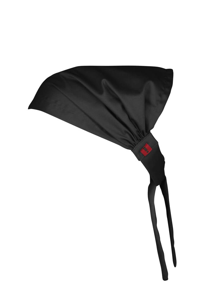 A black chef bandana with a tie closure and a logo on the band.