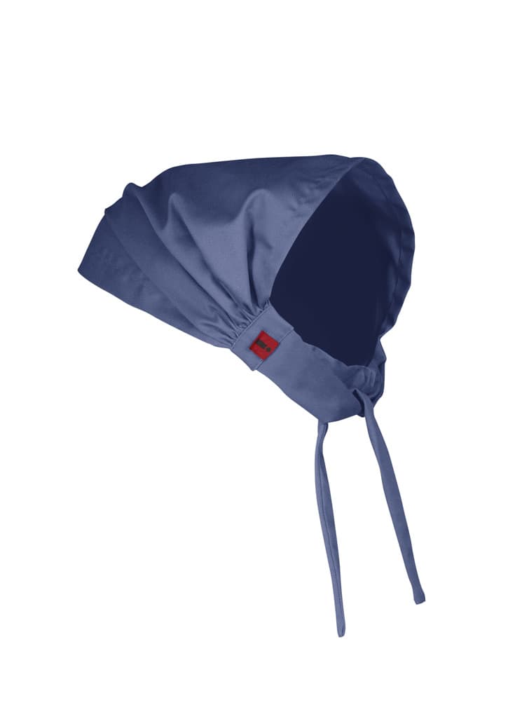 A blue chef bandana with ties, featuring a logo on the side. It has a stylish, modern design.