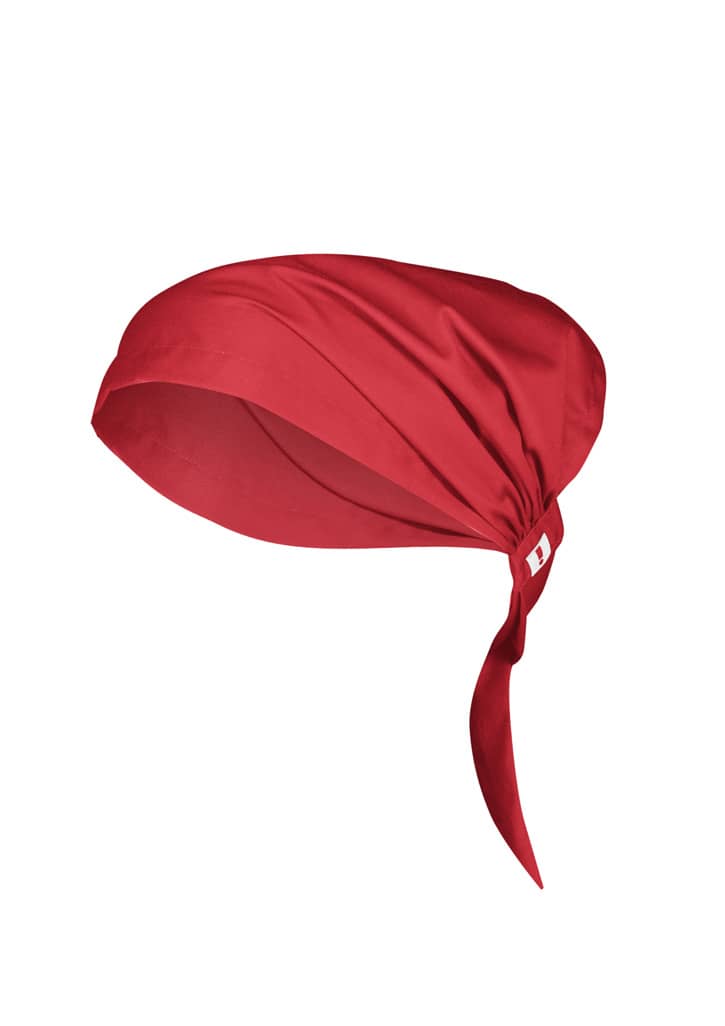A red chef bandana with a tie at the back and a small logo detail.