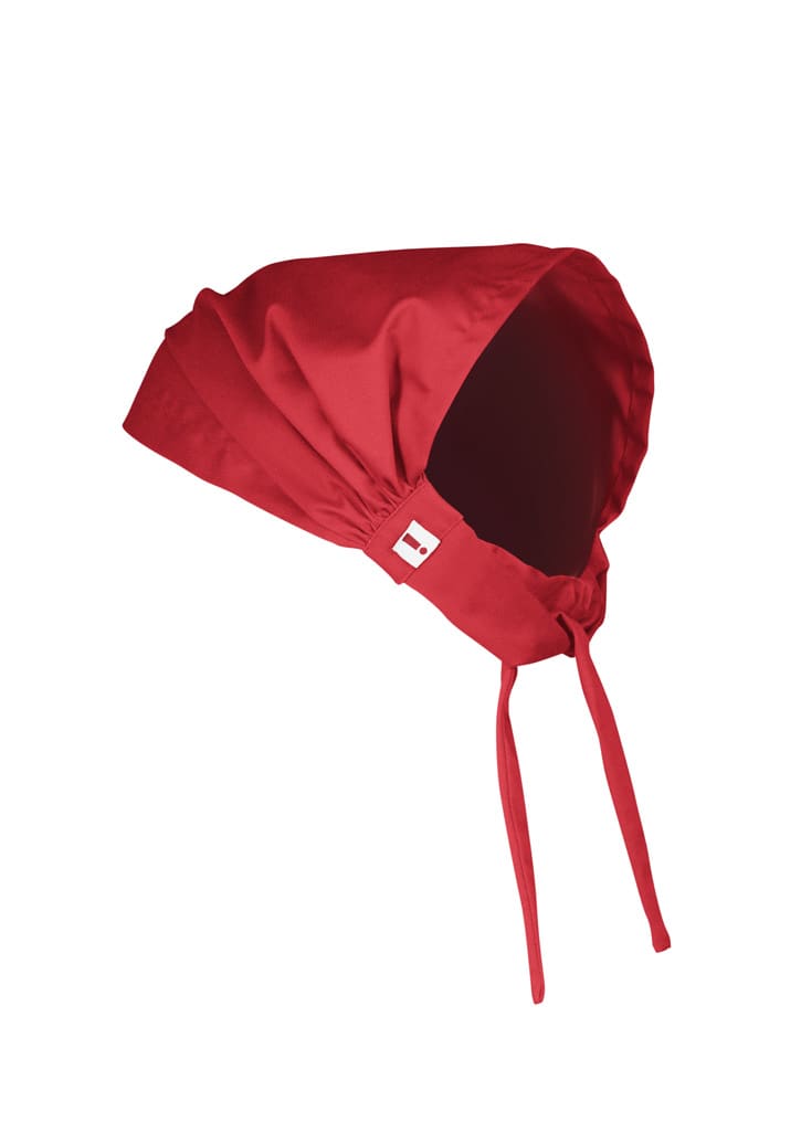 A red chef bandana with ties at the back and a logo on the side.