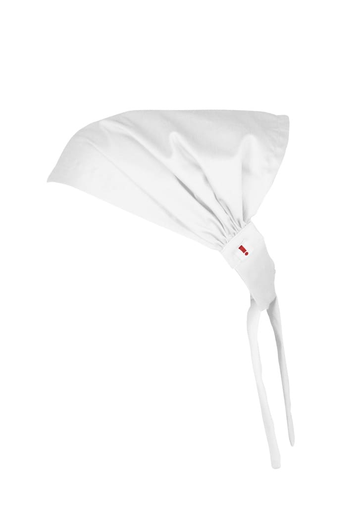 A white chef bandana with a tied back design, featuring a branded logo.