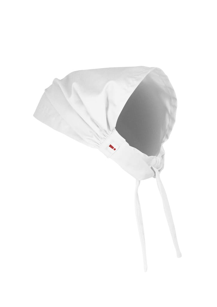 A white chef bandana with an elastic band and ties, featuring a small logo.